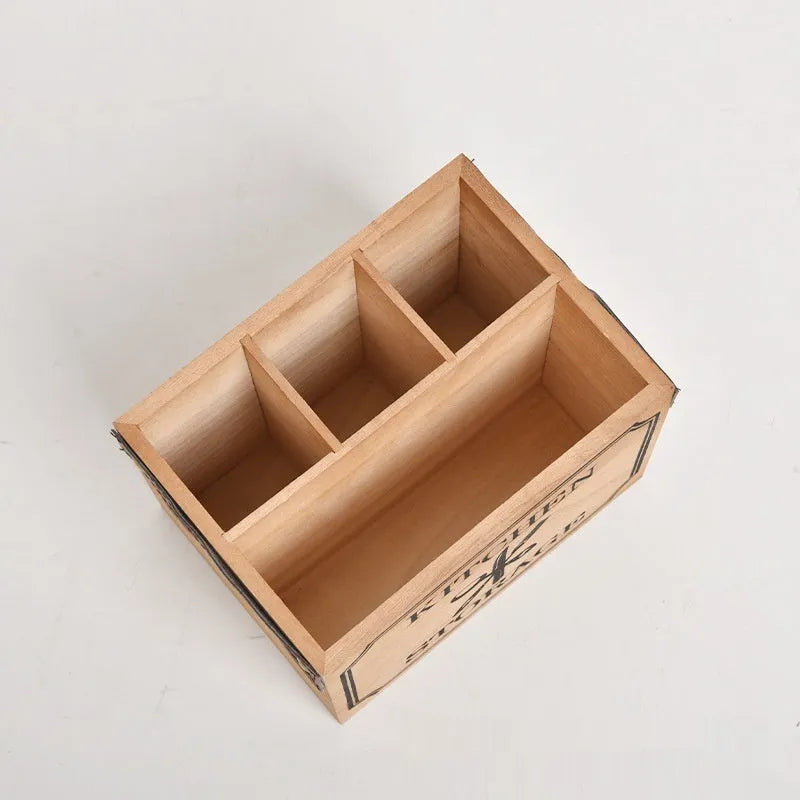 Wooden kitchen storage box with internal divider grids for knives, forks and chopsticks