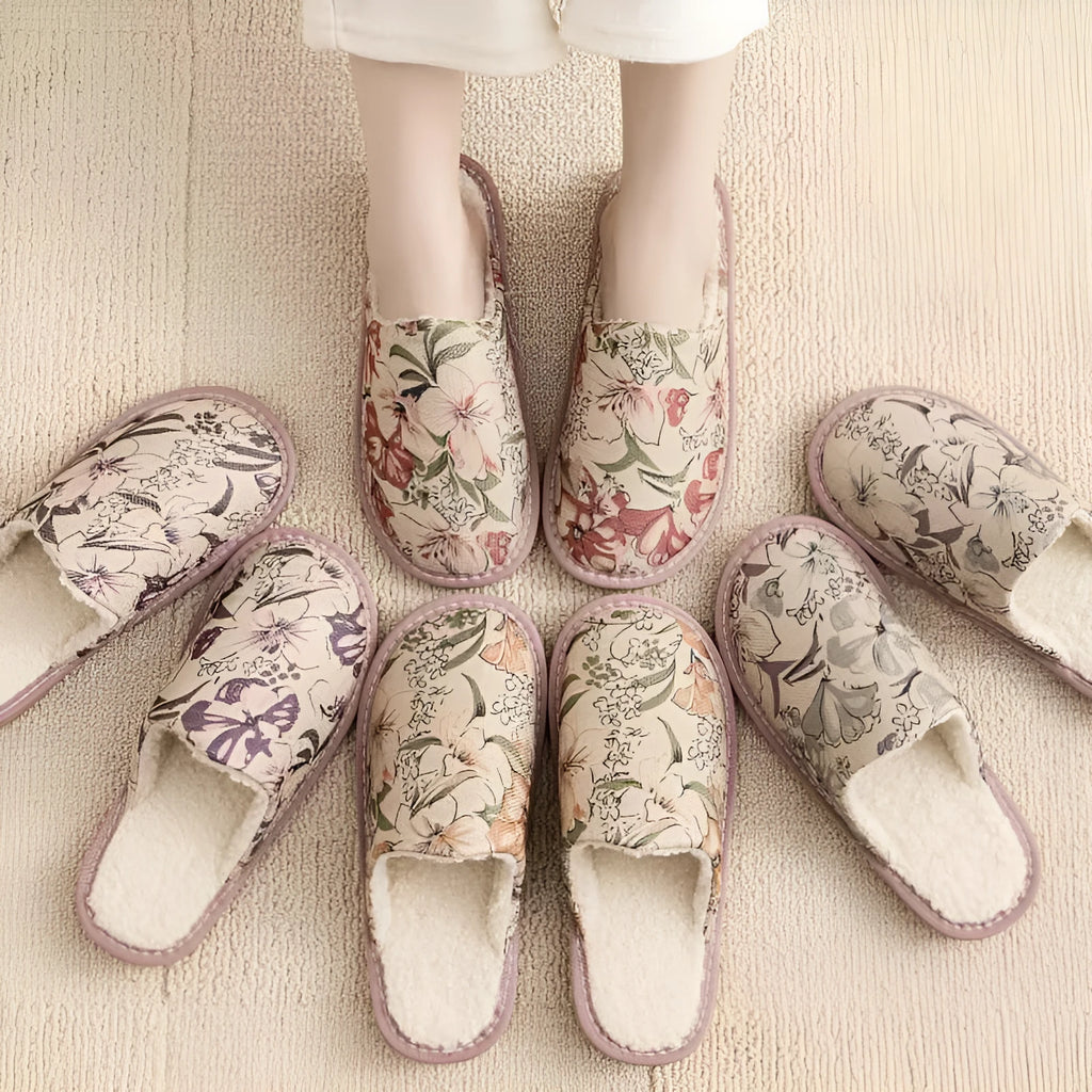 Household cotton slippers with linen surface, PVC sole, in floral colour patterns with UK size options