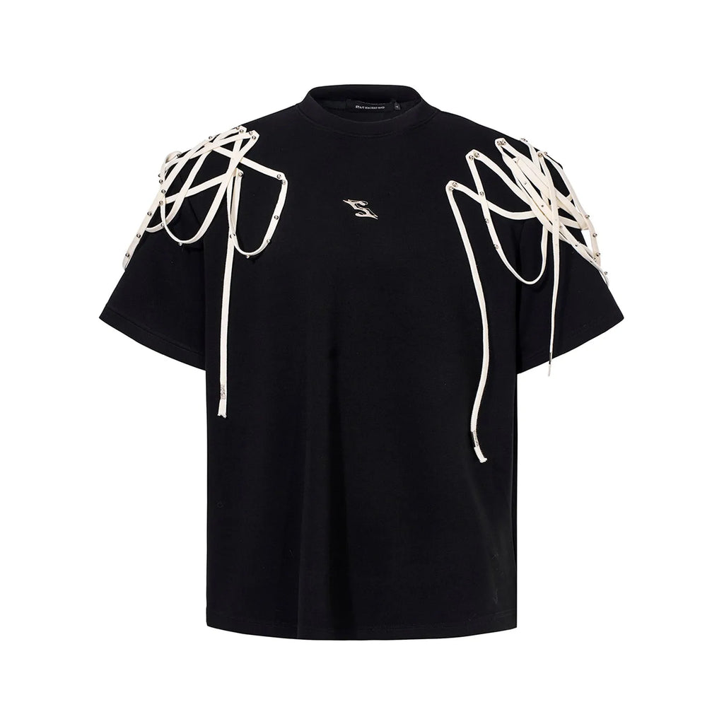 Black loose fit short sleeve t-shirt with rivet ribbon detail on padded shoulders.