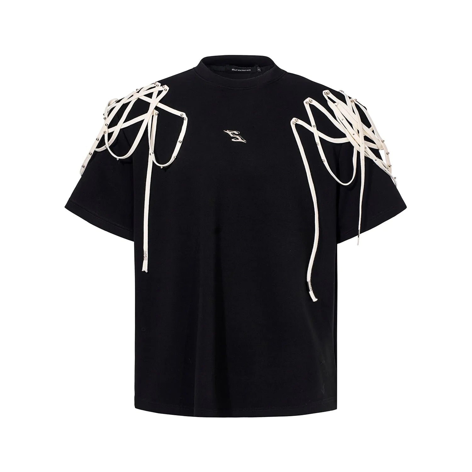 Black loose fit short sleeve t-shirt with rivet ribbon detail on padded shoulders.