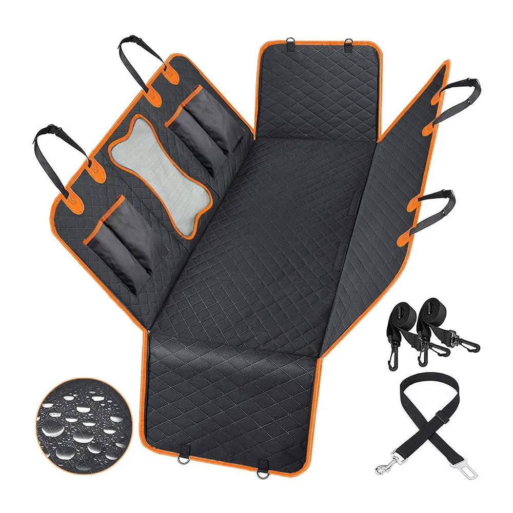 Black and orange waterproof dog car seat cover showing mesh window and accessory pocket