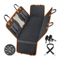 Black and orange waterproof dog car seat cover showing mesh window and accessory pocket