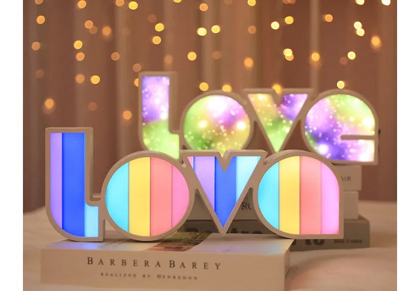 Rainbow style LED LOVE decorative light with plastic shell for Valentine's Day and wedding decoration