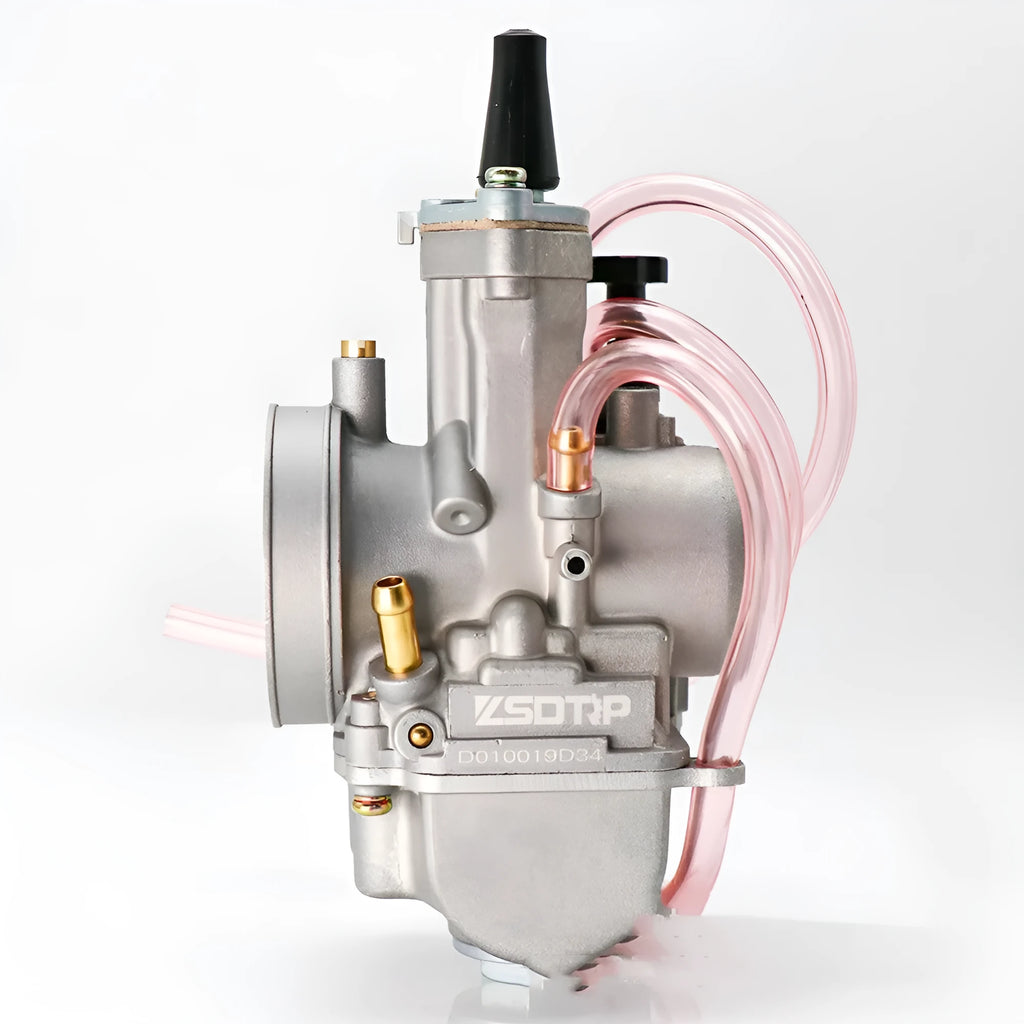 Sandblasted PWK motorcycle carburetor kit for performance modification, showing size options.