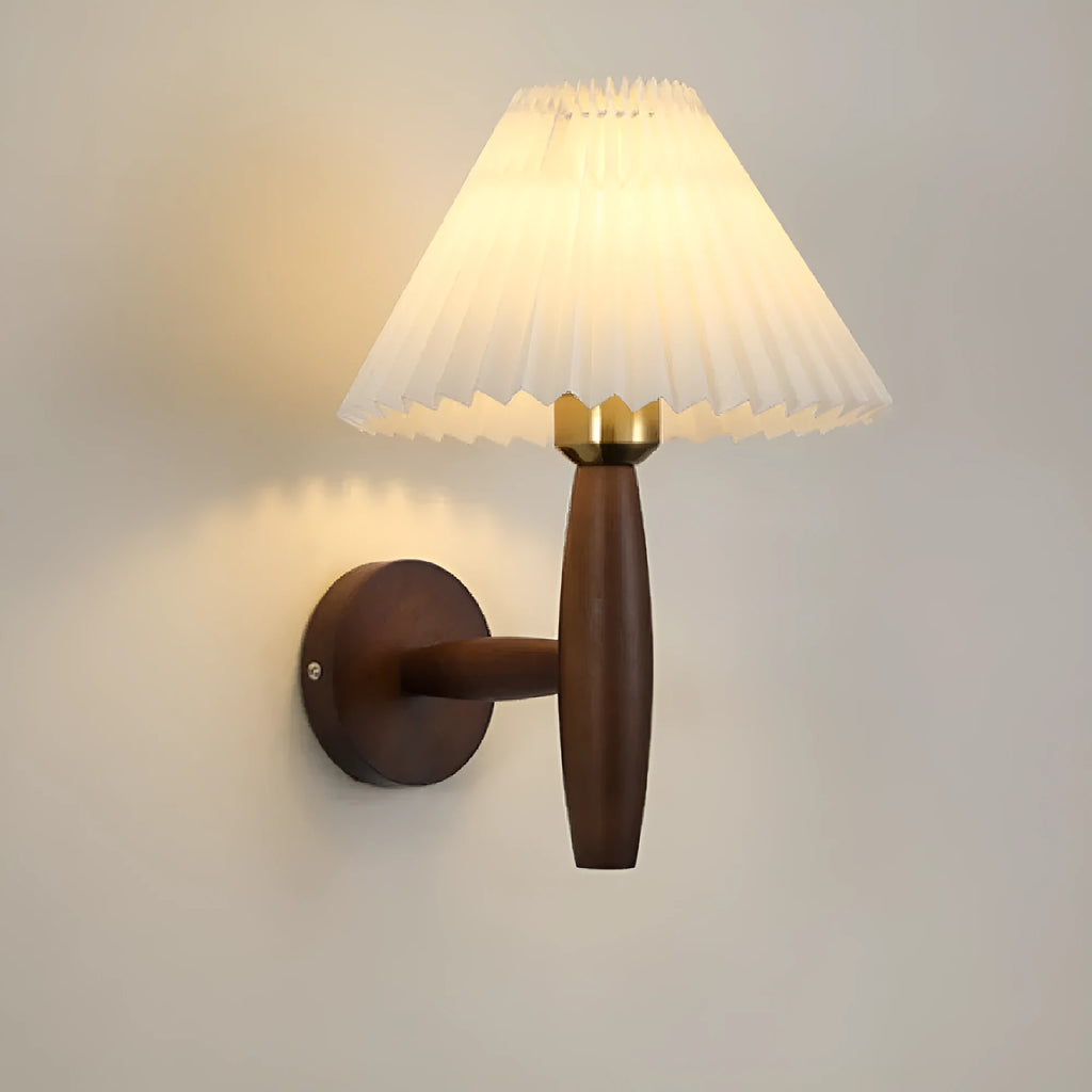 American Retro style walnut wood wall lamp with fabric shade and three light colour options.