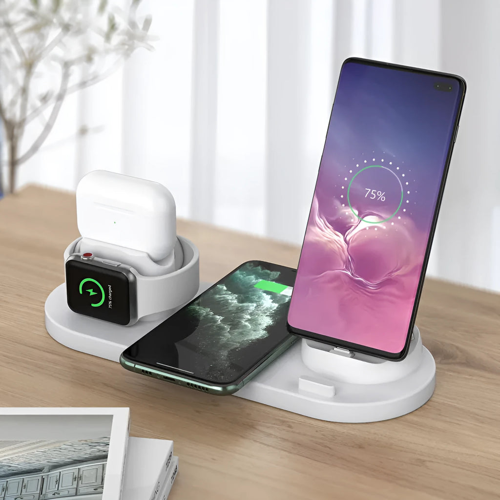 Black and white 6-in-1 wireless charging station for mobile phones, AirPods, and iWatch with USB cable
