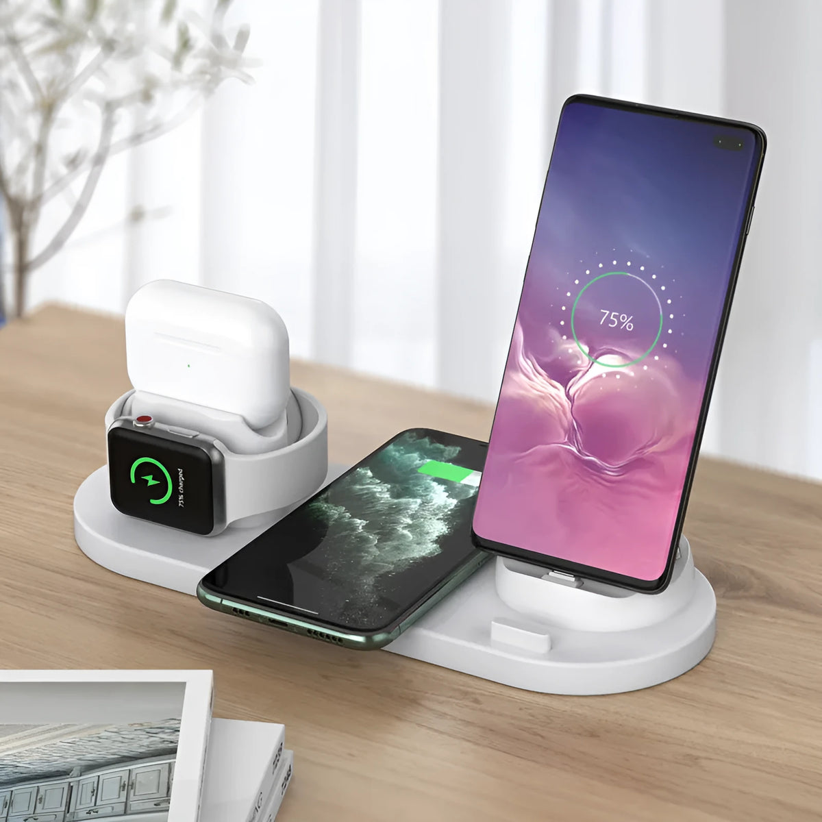 Black and white 6-in-1 wireless charging station for mobile phones, AirPods, and iWatch with USB cable