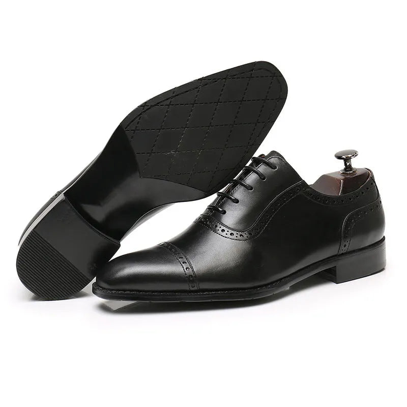 Men's Oxford brogue leather shoes in black or dark brown with cowhide upper and rubber sole