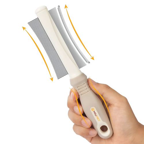 White double-sided pet grooming brush with comb and deshedding blade, featuring an ergonomic handle.