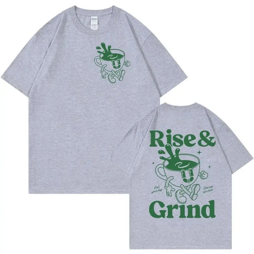 Loose fit linen cartoon T-shirt featuring a Rise and Grind Green Coffee Fun Expression Bag design.