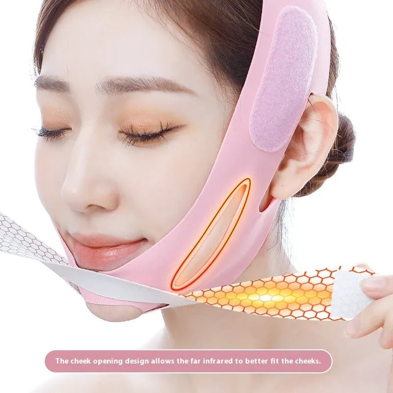 Pink and black elastic V-shaped face bandage for facial care and contouring support.