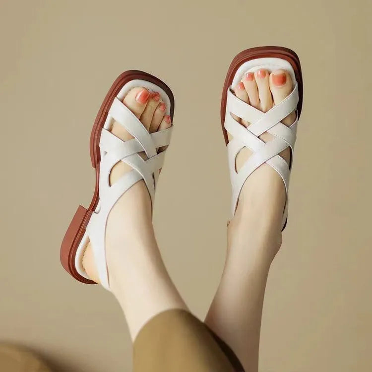 Women's glossy patent leather sandals with square toe and cross strap design in three colour options