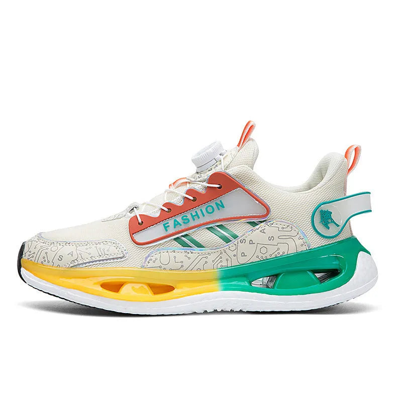 Men's low-top mesh sports shoes in beige orange with an elastic band and textured TPU sole.