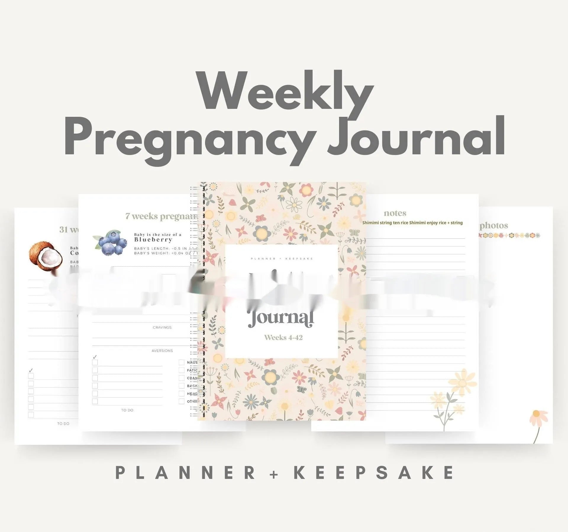 A5 weekly pregnancy diary notebook open to show weekly tracking pages