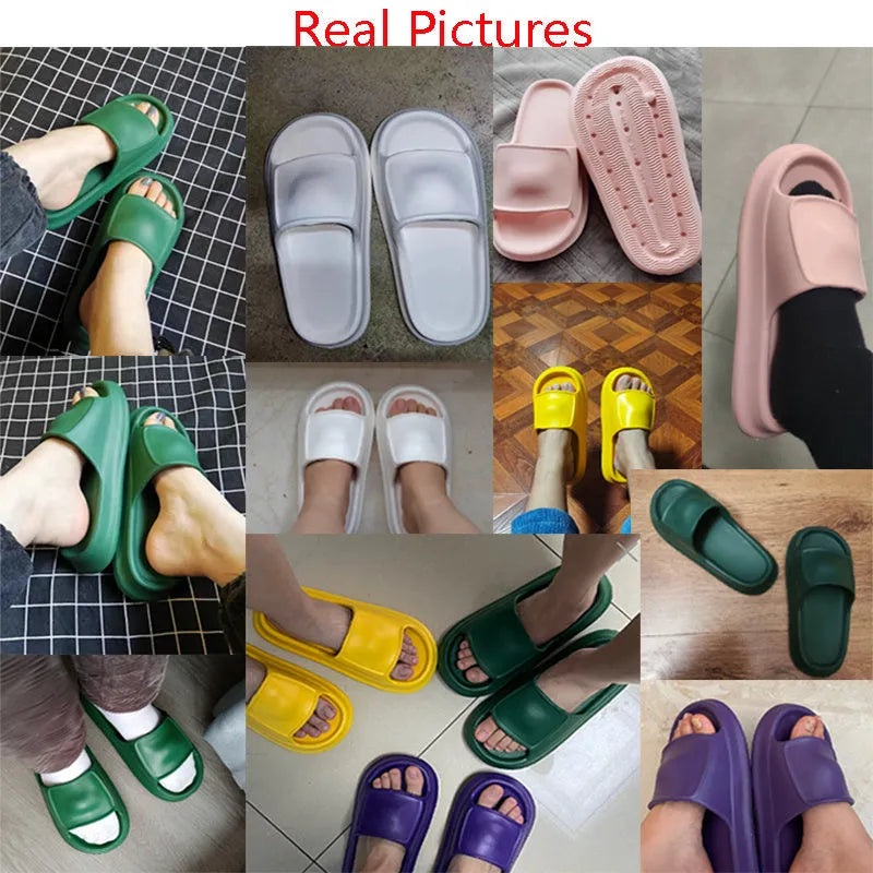 Unisex thick-soled EVA flip-flop slippers in multiple colours on a white background.