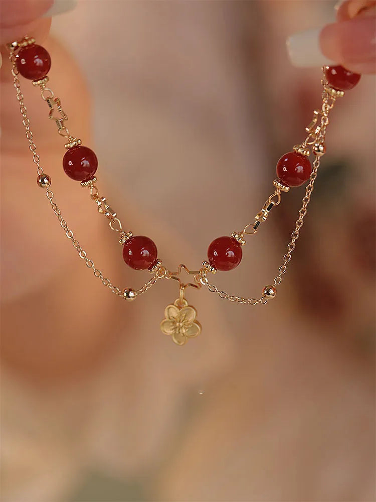 Red agate double layer bracelet with peach blossom motifs for women