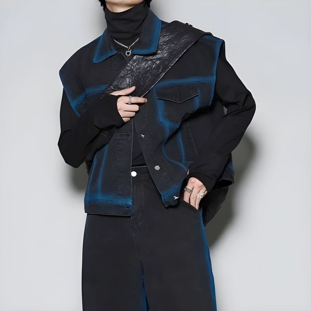 Men's blue distressed fleece-lined vest and jeans two-piece set on a hanger