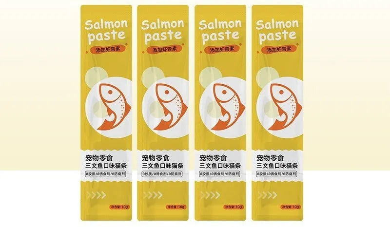 Pack of 10 cat strip snacks in four flavour varieties for feline nutrition