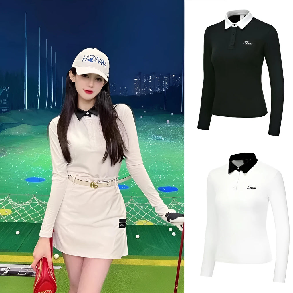 Women's white long sleeve slim fit polyester golf top for outdoor sports