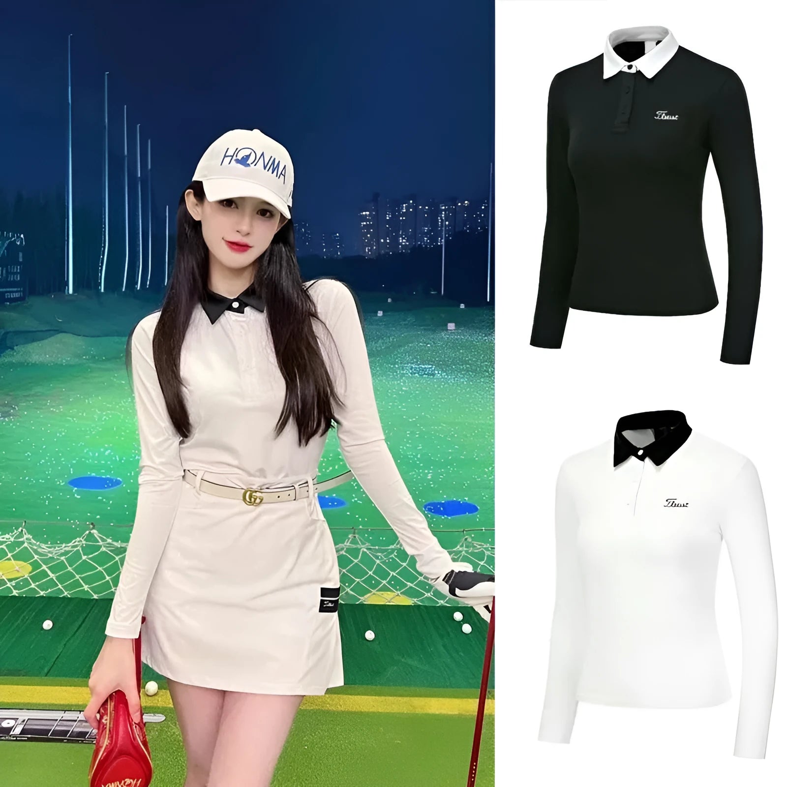 Women's white long sleeve slim fit polyester golf top for outdoor sports