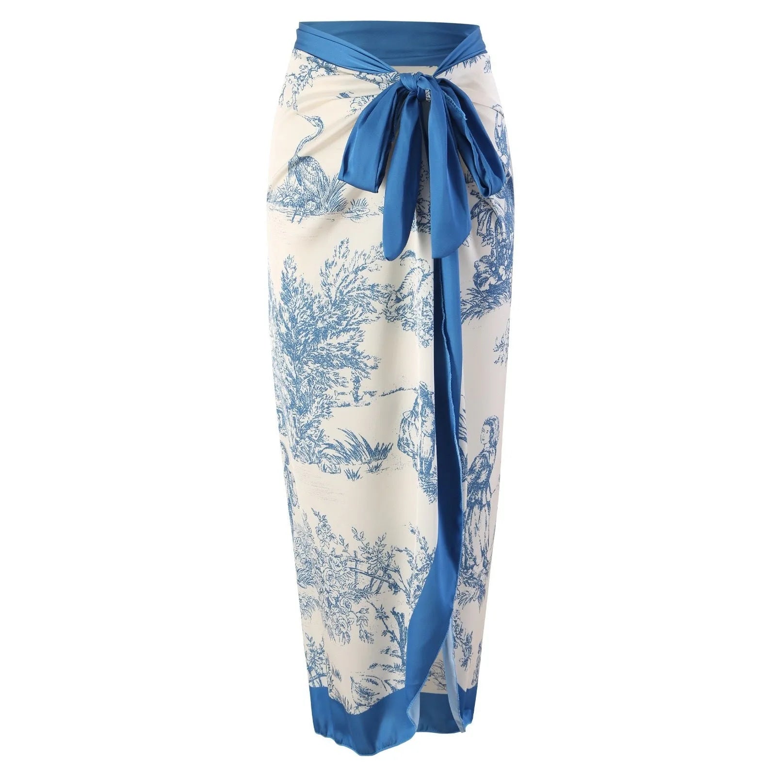 Blue floral pattern women's one-piece swimsuit with separate gauze skirt