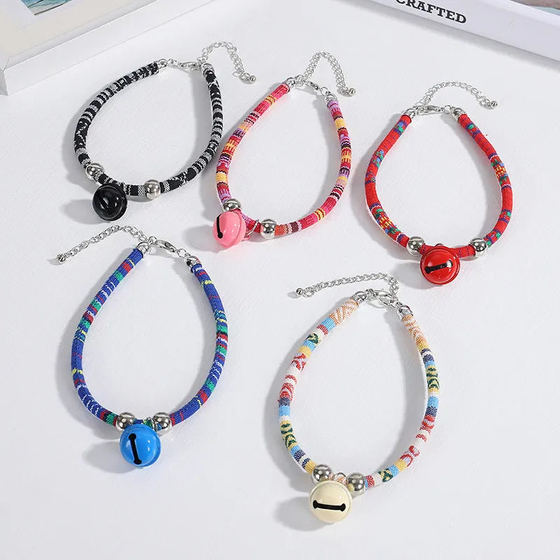 Ethnic style adjustable pet collar with bell in multiple colour options for cats and small dogs