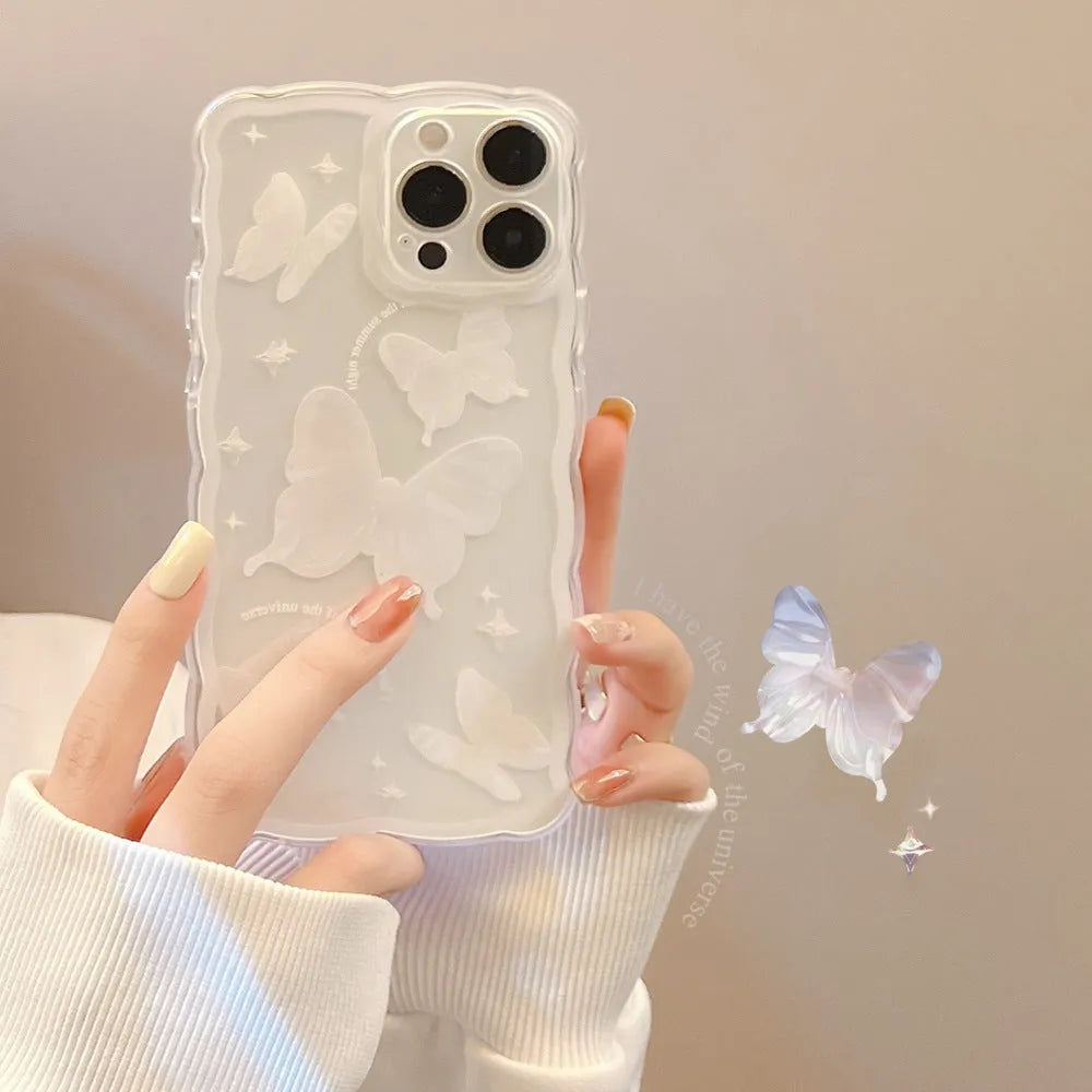 Transparent white crystal butterfly phone case in TPU for iPhone 12 to 15 models