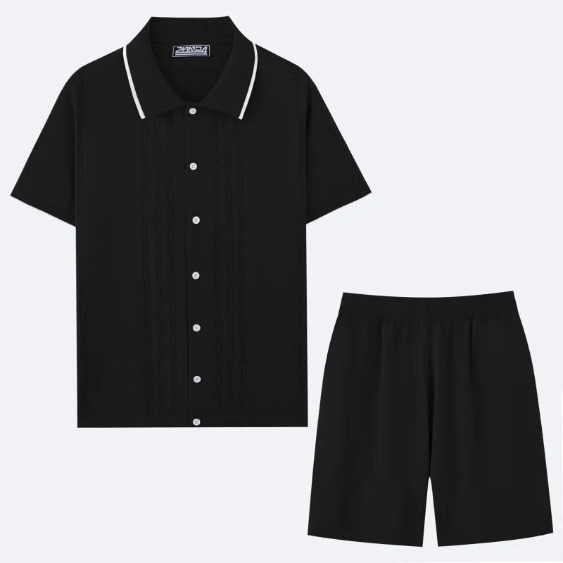 Man wearing a khaki short-sleeve knit top and matching shorts from a Tencel blend two-piece set.