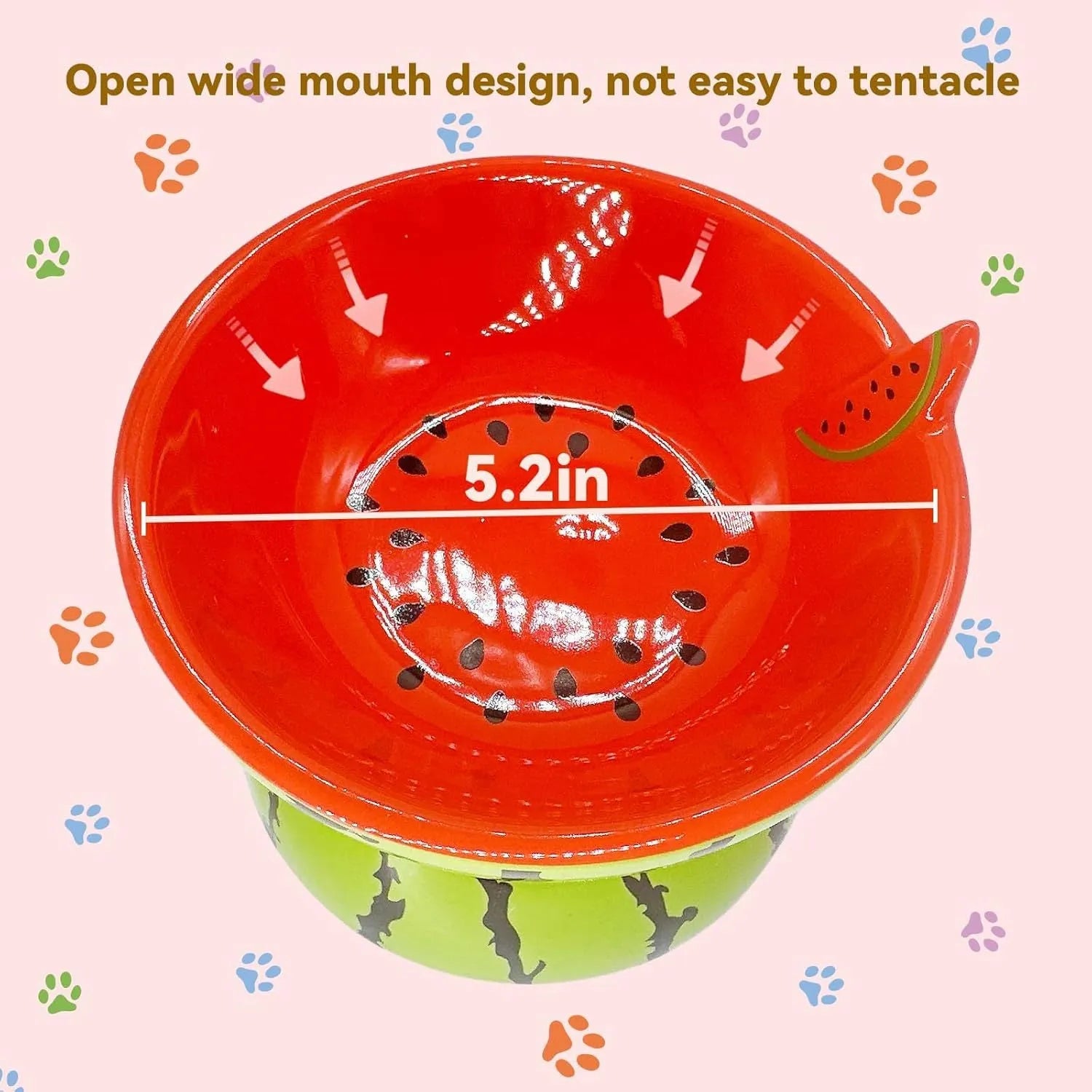 Ceramic elevated cat bowl with tilted design in orange, pitaya, or watermelon pattern.