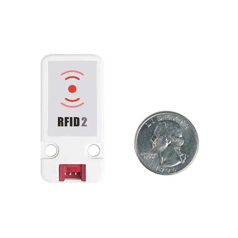 M5Stack RFID2 NFC reader module measuring 7x2 cm with HY2.0-4P cable and LEGO-compatible mounting holes