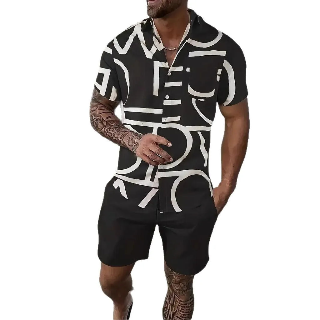 Man modelling a 3D printed Hawaii pattern short sleeve top and matching shorts leisure suit.