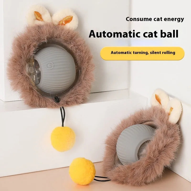 Self-hi funny cat rolling ball toy in silicone, shown in red, green, and grey colour options with optional rope attachment.