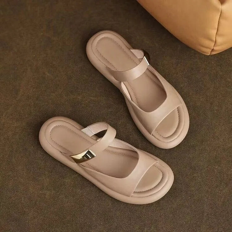 Apricot and white French soft leather peep toe flat platform sandals with rubber soles