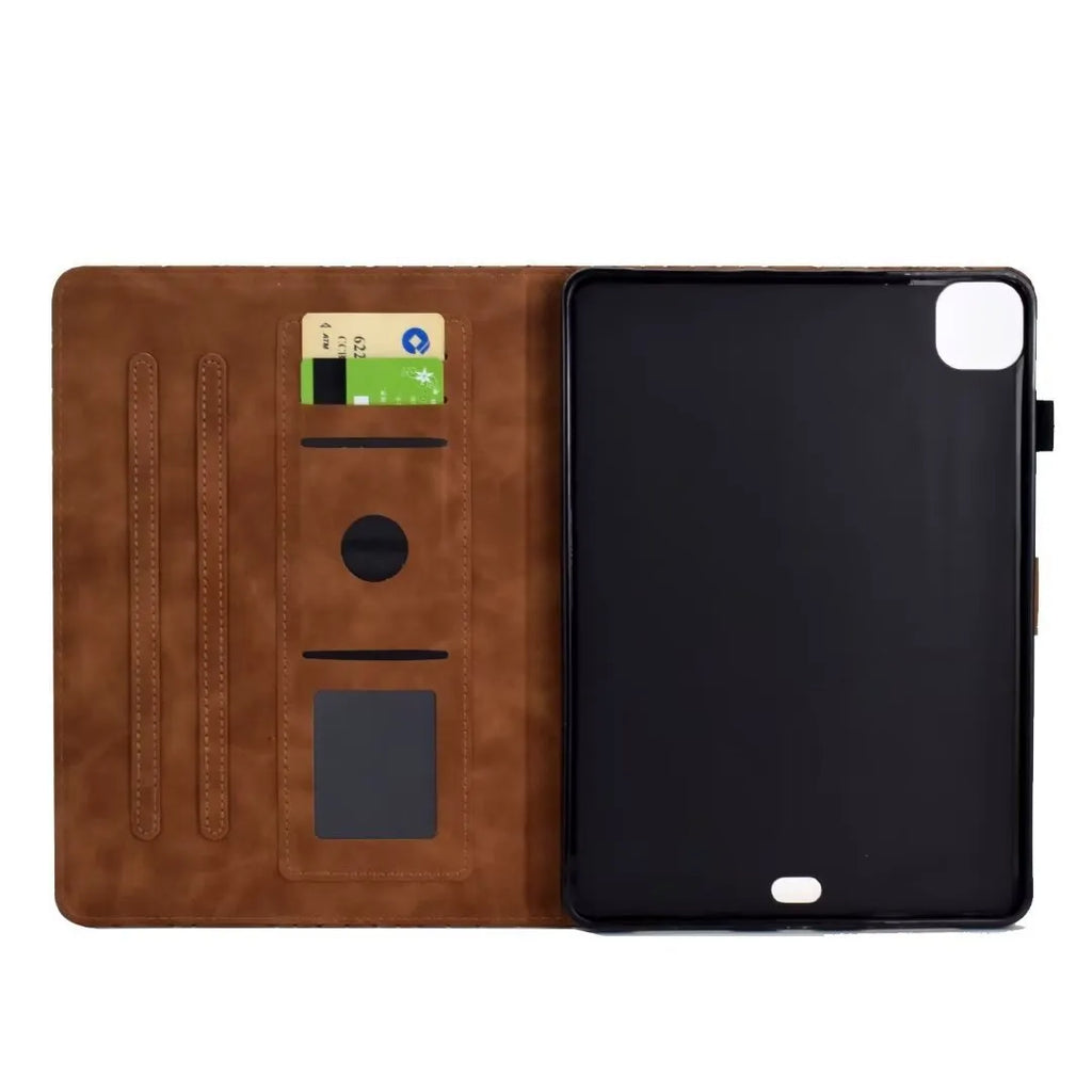 iPad Pro 11 leather folio case with integrated card holder in diamond frosted black finish, showing stand function.