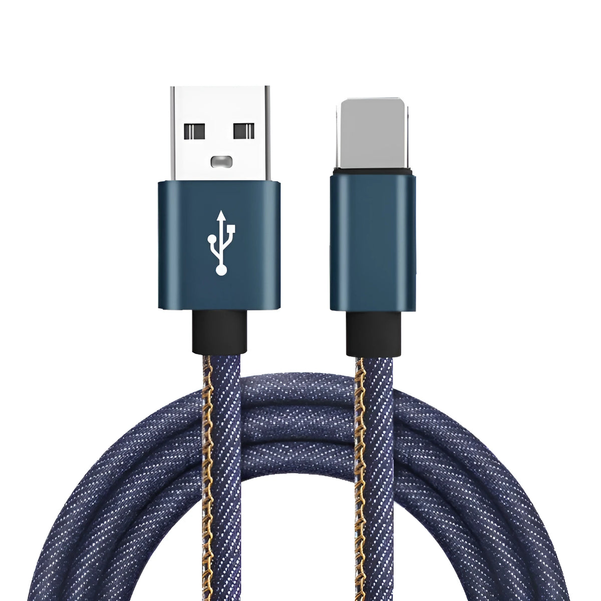 Denim braided USB Type-C charging cable with aluminium connectors in black, blue, or red.