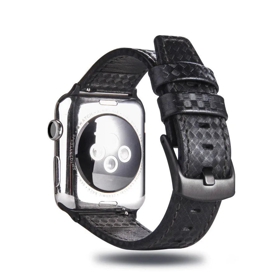 Carbon fibre and leather Apple Watch band with PC hard case in black, blue, orange, and red colour options
