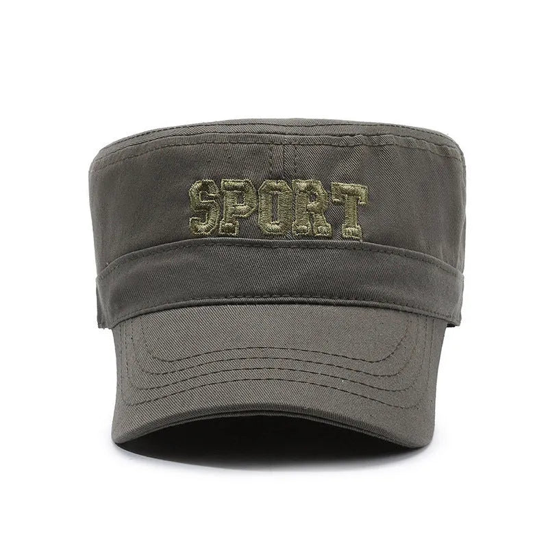 Men's cotton flat-top peaked cap in army green colour with adjustable sizing and dome crown
