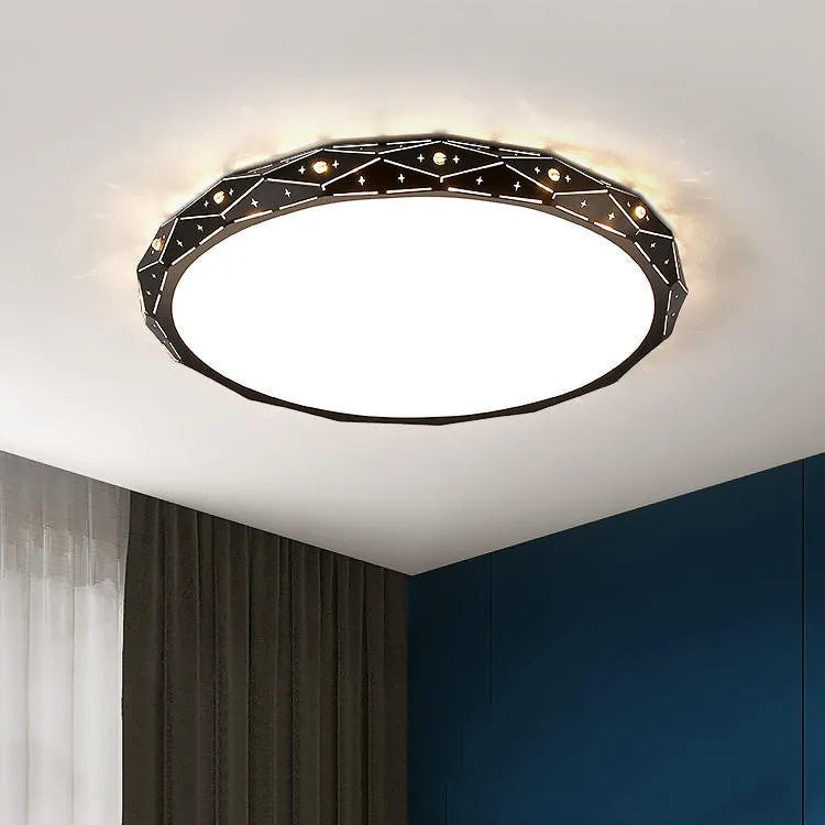 Round LED ceiling light with black iron frame and dimmable lighting options