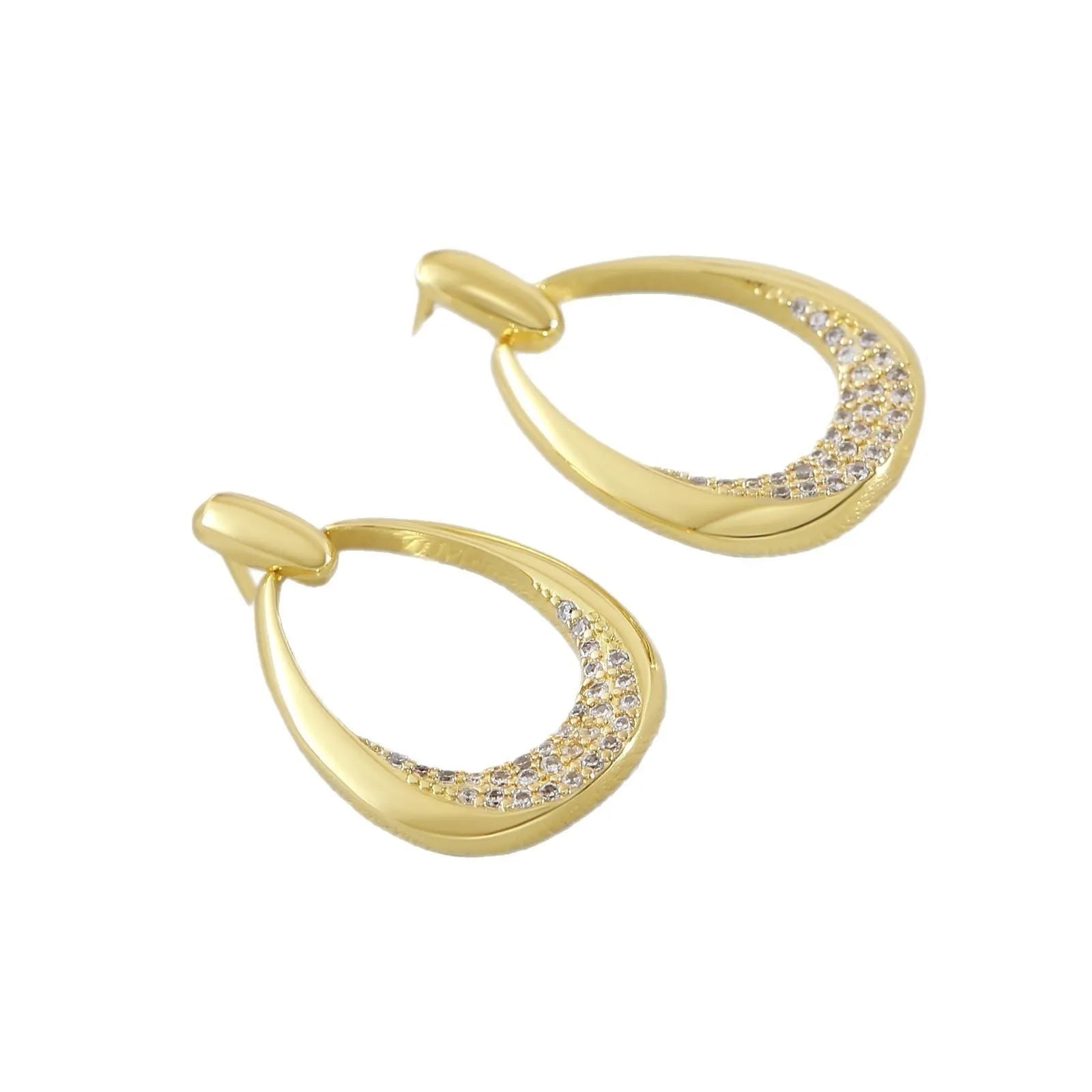 Yellow gold geometric women's drop earrings with a ring design and zircon detail on a white background.