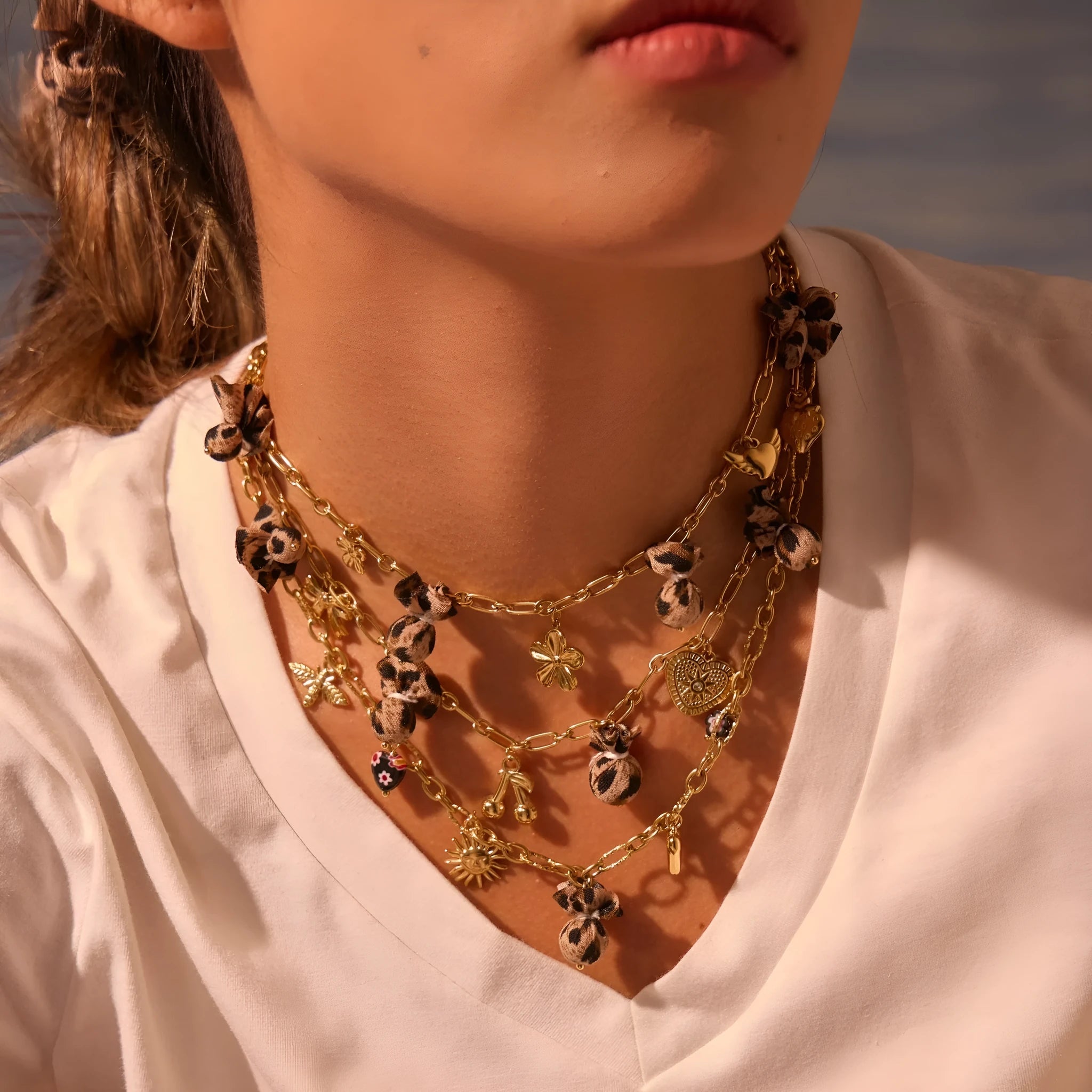 Women's stainless steel necklace with geometric leopard pendant featuring love heart and floral details on adjustable chain