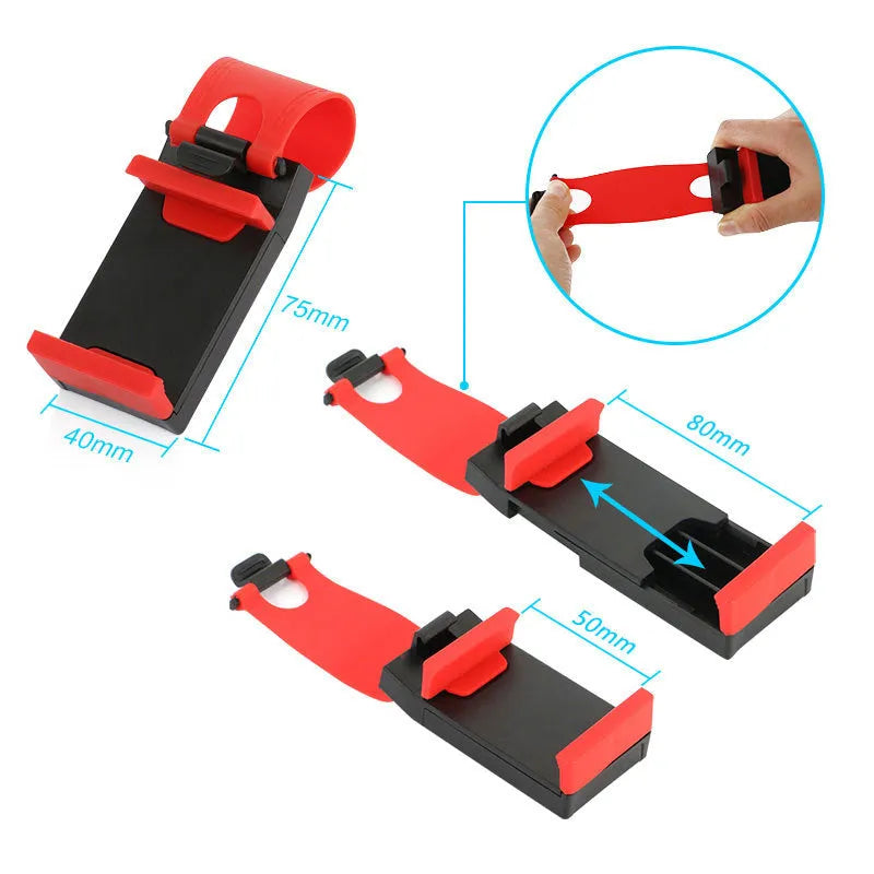 Black car steering wheel clip mount holder showing iPhone compatibility for hands-free navigation