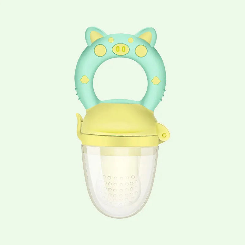 Silicone baby teether in blue, green, or pink colours with textured mouthpiece design