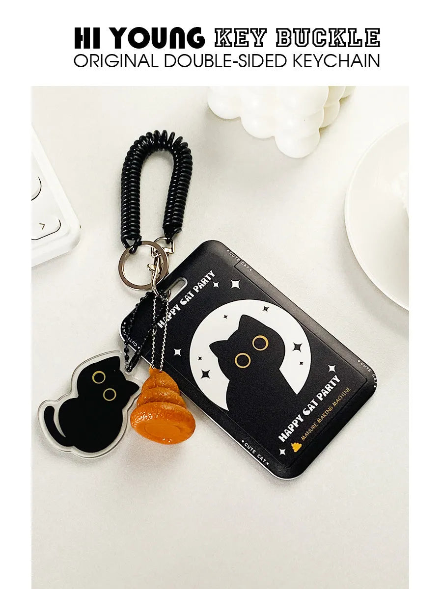 Cute black cat cartoon plastic card holder with a ferrule pendant for keys or bags.