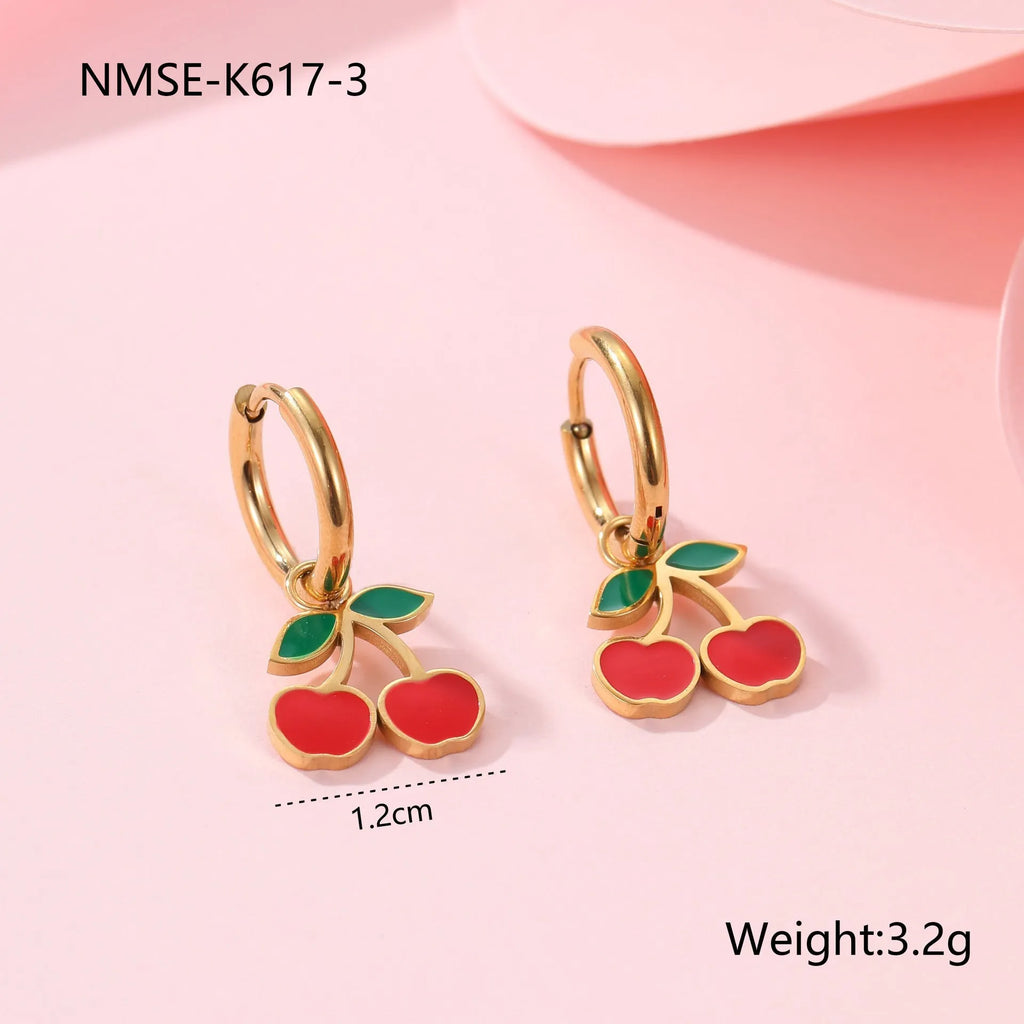 Cherry jewellery set with four 18K electroplated stainless steel pieces including necklace, bracelet, earrings, and ring