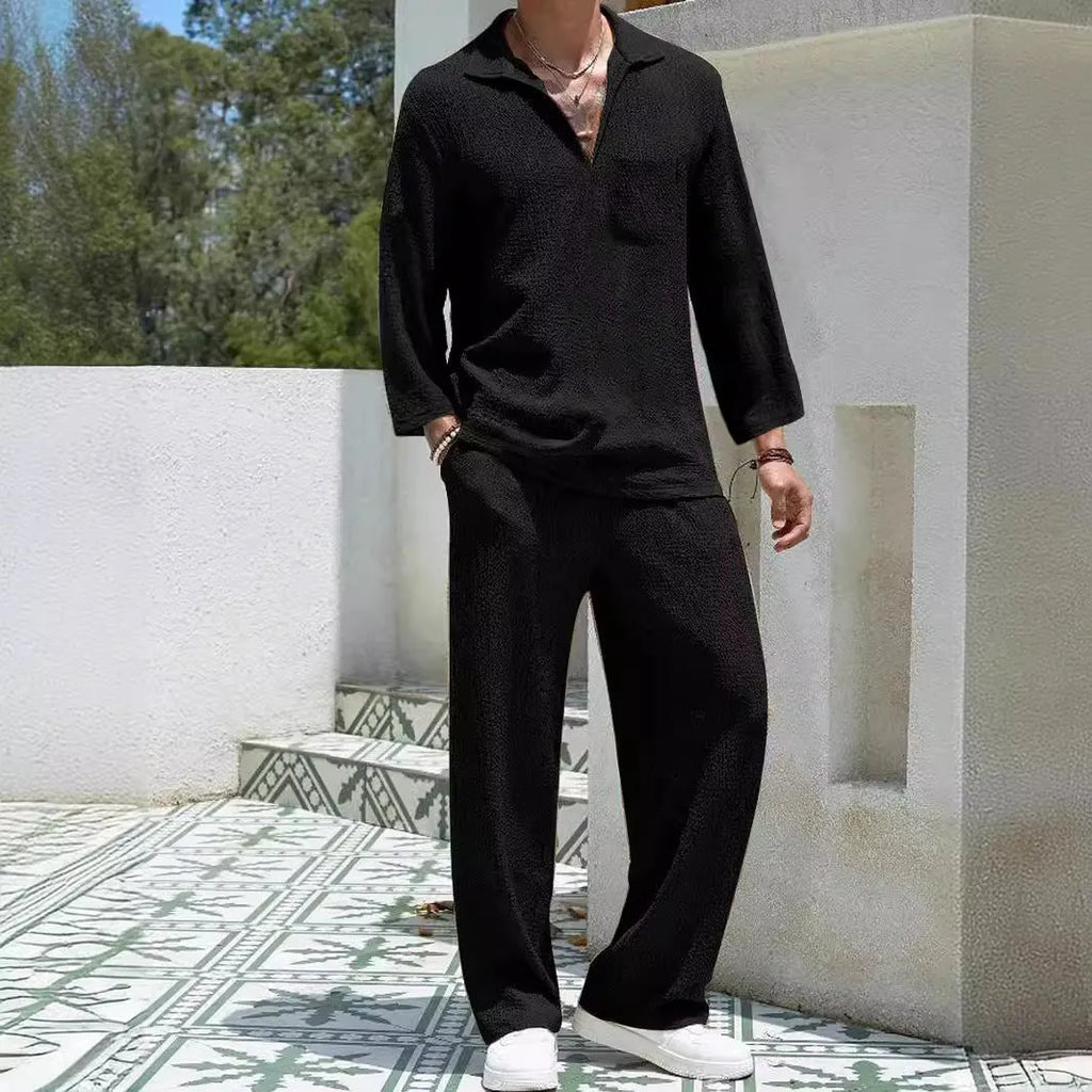 Men's casual shirt trousers commuter suit set in polyester fabric with four colour options