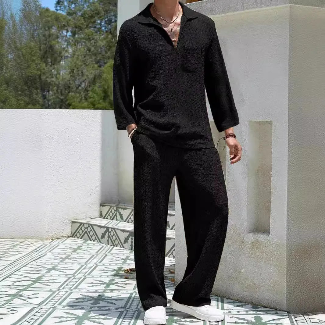 Men's casual shirt trousers commuter suit set in polyester fabric with four colour options