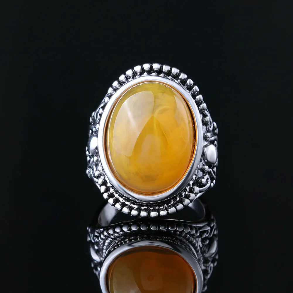 Alloy ring with antique silver amber electroplated finish and geometric retro design