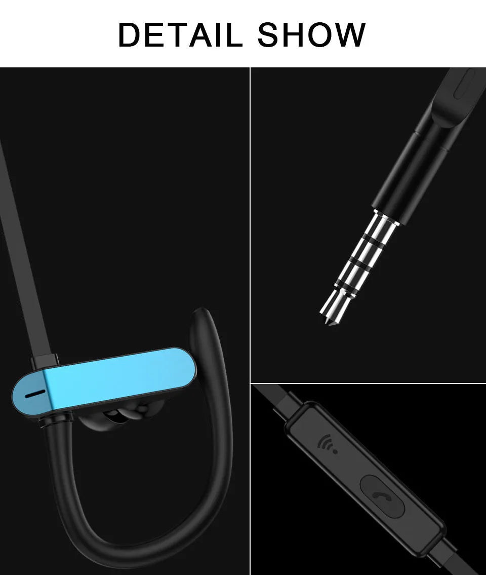 Sport running earbuds with black and blue ear hook design and silicone tips