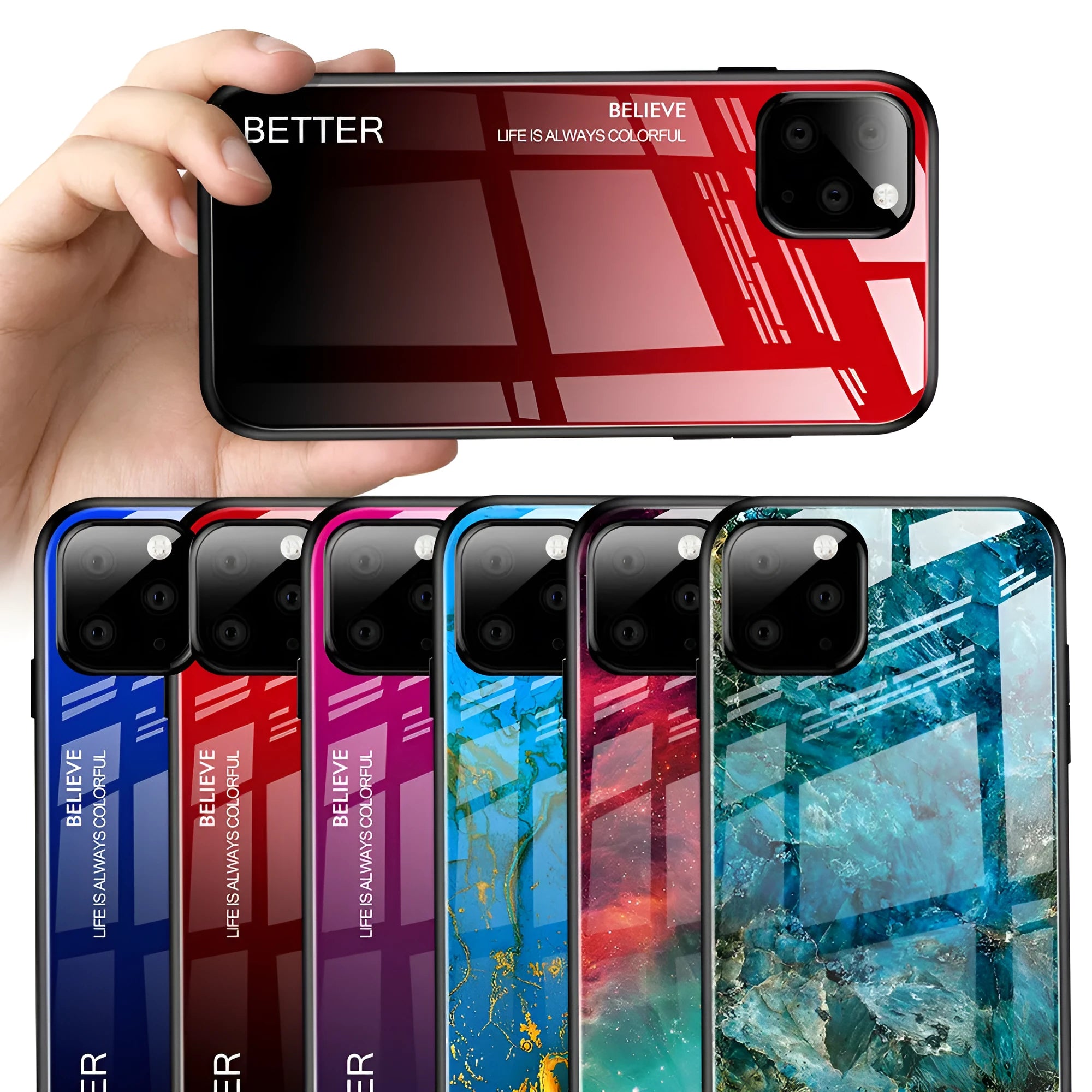 Customised gradient glass phone case for iPhone in BlackBlue, showing TPU frame and glass back