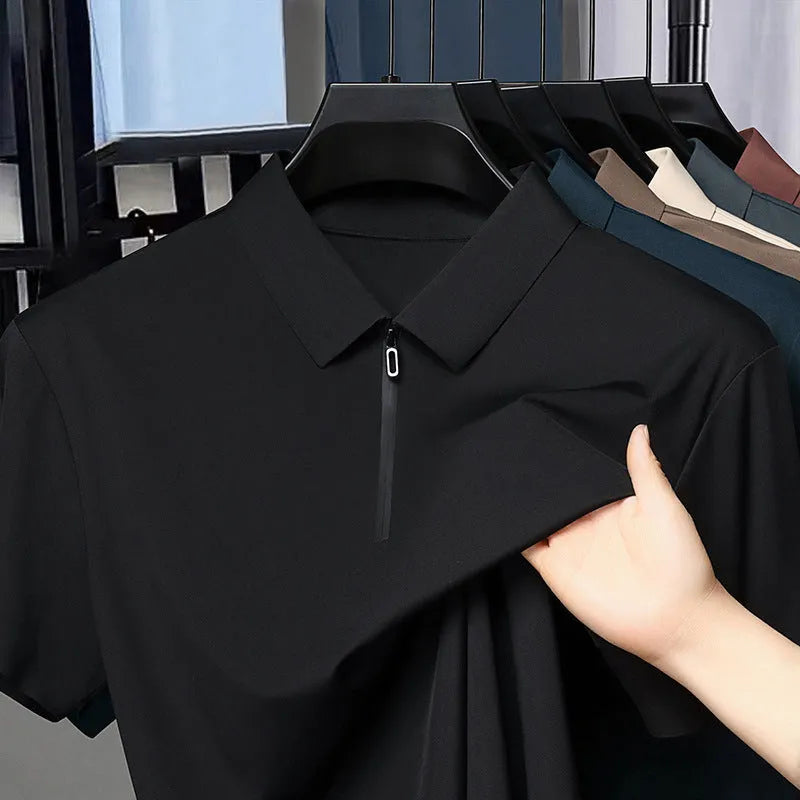 Men's half-zip seamless polo shirt in solid colour showing short sleeves and zip front, lightweight summer fabric